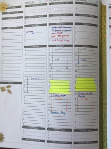 three days from a weekly planner with tasks scheduled hour by hour; two hours a day are highlighted in yellow